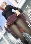  black_legwear blue_eyes blush boots breasts brown_hair city copyright_request covered_nipples dutch_angle embarrassed from_below glasses gusset hiyoko_daiou jewelry large_breasts legs lens_flare mole necklace no_panties pantyhose pubic_hair see-through skirt skirt_lift solo 