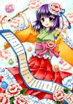  acrylic_paint_(medium) ball brush flower funnyfunny hair_flower hair_ornament hieda_no_akyuu japanese_clothes marker_(medium) purple_eyes purple_hair scroll short_hair solo touhou traditional_media 