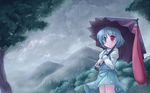  blue_hair cloud cloudy_sky forest heterochromia highres karakasa_obake light_rays long_tongue lzh mountain nature purple_umbrella rain scenery short_hair sky solo standing sunbeam sunlight tatara_kogasa tongue touhou tree umbrella 