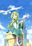  animal bad_id bad_pixiv_id bare_shoulders bird building castle cloud day detached_sleeves frog green_eyes green_hair hair_ornament hair_tubes highres kneehighs kochiya_sanae letter long_hair love_letter open_hands open_mouth sitting sky smile snake solo sunyukun touhou white_legwear 