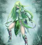  armor braid dual_wielding green_hair holding iwaya long_hair original solo sword weapon 