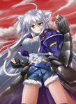  ahoge animal_ears armor breasts cat_ears cat_tail cloud dog_days fingerless_gloves gloves highres large_breasts leonmitchelli_galette_des_rois long_hair red_sky setomi_sora shorts silver_hair sky solo tail thighs yellow_eyes 