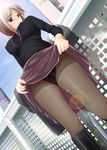  black_legwear blue_eyes blush boots breasts brown_hair city copyright_request covered_nipples dutch_angle embarrassed from_below glasses gusset hiyoko_daiou jewelry large_breasts legs lens_flare mole necklace panties panties_under_pantyhose pantyhose see-through skirt skirt_lift solo underwear 