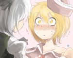  bare_shoulders blonde_hair blush commentary_request constricted_pupils face harusame_(unmei_no_ikasumi) hat konpaku_youmu lunasa_prismriver multiple_girls off_shoulder short_hair silver_hair sketch surprised sweat touhou undressing white_hair wide-eyed yellow_eyes yuri 