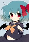  :&lt; alternate_costume bad_id bad_pixiv_id bat_wings black_serafuku blue_background blue_hair blush bow child closed_mouth hair_bow haru_(kyou) heart long_sleeves looking_at_viewer midriff navel neckerchief no_hat no_headwear red_bow red_eyes remilia_scarlet school_uniform serafuku short_hair simple_background skirt solo touhou upper_body v-shaped_eyebrows wings 