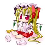  bare_legs barefoot blonde_hair blush bow chibi flandre_scarlet hair_bow hat ichimi midriff navel open_clothes open_shirt red_eyes ribbon shirt side_ponytail sitting skirt sock_pull socks solo touhou wavy_mouth wings 