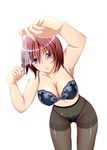 black_legwear blue_eyes bra breasts copyright_request gusset hiyoko_daiou large_breasts lingerie panties panties_under_pantyhose pantyhose red_hair see-through short_hair simple_background smile solo thighband_pantyhose thong underwear underwear_only 