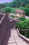  bad_pixiv_id bush fence house kurione_(zassou) mountain no_humans original path power_lines road scenery stairs tree 