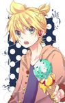  aqua_eyes bad_id bad_pixiv_id blonde_hair food gomano_rio headphones ice_cream kagamine_len male_focus nail_polish solo vocaloid 