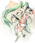  1girl aile_d'ange_(module) bad_id bad_pixiv_id beret blue_eyes blue_hair cosplay crossdressing detached_sleeves garter_straps green_eyes green_hair hat hatsune_miku hatsune_miku_(cosplay) headphones headset jikunyaga kaito long_hair otoko_no_ko powder_(module) project_diva_(series) project_diva_2nd short_hair skirt smile thighhighs twintails very_long_hair vocaloid voice_(vocaloid) zettai_ryouiki 