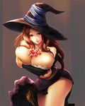  breast_hold breasts cream crossed_arms dragon's_crown food fruit hat huge_breasts legs long_hair miraki1016 red_eyes red_hair side_slit smile solo sorceress_(dragon's_crown) staff strawberry thighs witch_hat 