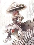  boots bow breasts cleavage dress flower gothic_lolita heterochromia high_heels highres lolita_fashion medium_breasts original plastick rose shoes solo thighhighs umbrella zettai_ryouiki 