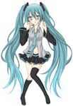  absurdres aqua_eyes aqua_hair bad_id bad_pixiv_id blush detached_sleeves hatsune_miku headset highres legs long_hair mikan_(artist) navel necktie simple_background skirt solo thighhighs twintails very_long_hair vocaloid 