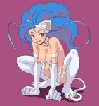  1girl animal_ears blue_eyes blue_hair breasts capcom cat_ears cat_paws cat_tail catgirl choker darkstalkers felicia female full_body hashi long_hair paws solo squat squatting tail vampire_(game) 