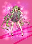  ahoge amase_(siki696) gloves green_eyes green_hair hatsune_miku highres legs long_hair necktie one_eye_closed skirt solo tongue twintails very_long_hair vocaloid 
