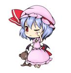  blue_hair blush hat musashino_udon one_eye_closed red_eyes remilia_scarlet short_hair sleepy solo standing stuffed_animal stuffed_toy teddy_bear touhou wings 