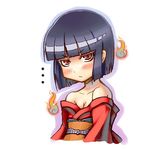  1girl akaname akaname-san bad_id bad_pixiv_id bangs bare_shoulders black_hair blunt_bangs blush bob_cut breasts cleavage frown hitodama japanese_clothes jingai_modoki jitome kimono lowres original red_eyes short_hair small_breasts solo upper_body 