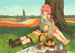  against_tree barefoot cake eyes feet field flower flower_field food grass green_eyes green_hair hairband hand_on_head hat hat_removed headwear_removed heart highres komeiji_koishi komeiji_satori lap_pillow momijigari multiple_girls pastry picnic pink_hair short_hair siblings sisters teapot touhou tree tulip 