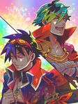  bandages blue_hair closed_eyes colorful copyright_name goggles goggles_on_head kamina kome_(kokomoti) male_focus multiple_boys rainbow_background simon tegaki tengen_toppa_gurren_lagann 