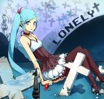  aqua_hair arm_support bad_id bad_pixiv_id bare_shoulders blue_eyes choker cross dress earrings francisco_valle frills grave hatsune_miku jewelry legs long_hair microphone panties pantyshot pantyshot_(sitting) ruins shoes side_ponytail sitting thighhighs underwear vocaloid 