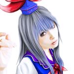  cielo_(zaki) close-up hands hat head_tilt kamishirasawa_keine long_hair multicolored_hair photorealistic realistic simple_background solo touhou 