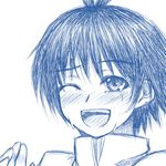  absurdres antenna_hair blue blush highres idolmaster idolmaster_(classic) kikuchi_makoto monochrome one_eye_closed short_hair simple_background sketch smile solo tears tog_(shoten) white_background 