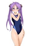  blue_eyes blush competition_swimsuit hair_ribbon hiiragi_kagami ishikei jpeg_artifacts long_hair lucky_star one-piece_swimsuit purple_hair ribbon simple_background solo swimsuit third-party_edit twintails 