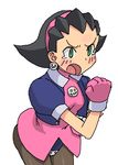  1girl black_hair blush capcom earrings female gloves green_eyes hairband hashi high_heels jacket jewelry open_mouth pantyhose rockman rockman_dash shoes short_hair simple_background solo tron_bonne white_background 