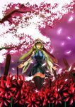  bad_id bad_pixiv_id black_legwear breasts flower green_eyes green_hair hat highres large_breasts nakarai_takumi petals ribbon shiki_eiki solo spider_lily thighhighs touhou tree zettai_ryouiki 