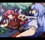  battle blue_hair duel hat hat_removed headwear_removed kamishirasawa_keine knife long_hair multiple_girls mystia_lorelei okamisty red_hair short_hair touhou umakatsuhai wings 