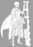  armor bangs boots greyscale highres masn_(moxi) monochrome original pointy_ears short_hair simple_background solo sword weapon 