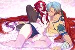  1girl bad_id bad_pixiv_id bikini_top blue_hair closed_eyes couple flower happy hetero holding kamina midriff navel omaru red_hair shirtless sitting smile tattoo tengen_toppa_gurren_lagann thighhighs wet yoko_littner 