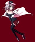  bare_shoulders between_thighs black_legwear cape detached_sleeves green_eyes hair_ornament hairclip hat hiraga_matsuri legs original short_hair shorts silver_hair solo sweater thighhighs v_arms 