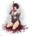  bad_id bad_pixiv_id black_hair bob_cut breasts durarara!! highres katana large_breasts nono_(noxno) panties red_eyes school_uniform short_hair skirt solo sonohara_anri sword torn_clothes torn_skirt underwear weapon 