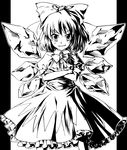  bow cirno crossed_arms dress greyscale grin hair_bow itsuku monochrome short_hair smile solo touhou wings 