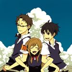  2boys armband bad_id bad_pixiv_id bounen_no_xam'd cloud glasses houhou_(black_lack) multiple_boys nishimura_haru school_uniform sky takehara_akiyuki teraoka_furuichi 