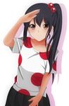  black_hair brown_eyes face k-on! kishida-shiki listen!! long_hair nakano_azusa polka_dot salute side_ponytail solo 