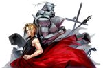  ahoge alphonse_elric animal armor back-to-back bare_arms bare_shoulders blonde_hair braid brothers cannon clenched_hand closed_mouth coat coat_removed cross edward_elric flamel_symbol from_side frown full_armor fullmetal_alchemist hair_over_one_eye hands highres holding holding_jacket jacket looking_at_viewer male_focus noako panda red_coat siblings sideways_glance single_braid sleeveless spikes tank_top upper_body white_background xiao-mei yellow_eyes 