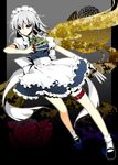  bad_id bad_pixiv_id between_fingers braid izayoi_sakuya juna knife maid maid_headdress red_eyes short_hair silver_hair solo thigh_strap touhou twin_braids 