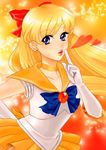  aino_minako bishoujo_senshi_sailor_moon blonde_hair blue_eyes bow heart highres kiss long_hair miniskirt sailor_venus skirt 