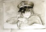  bad_id bad_pixiv_id blush charlotte_e_yeager crossed_arms hat kisetsu long_hair monochrome photo_(object) pins sepia sketch smile solo strike_witches traditional_media uniform world_witches_series 