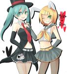  animal_ears aqua_eyes aqua_hair bad_id bad_pixiv_id blonde_hair bunny_ears card elbow_gloves fingerless_gloves fishnet_pantyhose fishnets gloves green_eyes hat hatsune_miku holding holding_card kagamine_rin long_hair midriff multiple_girls navel necktie one_eye_closed pantyhose short_hair simple_background skirt top_hat twintails vocaloid wadaka 