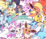  &gt;_o :3 :d ;) ;d alternate_color arm_up artist_name blue_eyes blush brown_eyes closed_mouth commentary_request dated drop_shadow eevee english_text espeon evolutionary_line fang flareon glaceon green_eyes holding_hands jolteon leafeon looking_at_viewer lying no_humans on_back one_eye_closed open_mouth partial_commentary pawpads pokemon pokemon_(creature) purple_eyes rainbow red_eyes shadow shiny_pokemon smile starry_background sylveon umbreon vaporeon wataame_(tulip) white_background yellow_eyes 