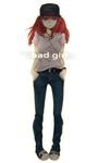  bad_id bad_pixiv_id blue_eyes casual denim earphones hat jeans pants red_hair shirt shoes sima_(artist) sneakers solo t-shirt umineko_no_naku_koro_ni ushiromiya_ange 