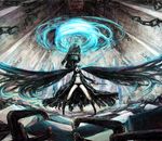  bikini_top black_hair black_rock_shooter black_rock_shooter_(character) blue_eyes burning_eye chain coat epic highres huge_weapon long_hair open_mouth pale_skin scar shorts solo sword tori_(qqqt) traditional_media twintails very_long_hair watercolor_(medium) weapon 