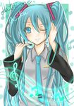  aqua_eyes aqua_hair bad_id bad_pixiv_id detached_sleeves hatsune_miku headset long_hair mikan_(artist) musical_note necktie one_eye_closed solo twintails vocaloid 