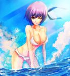  ayane_(doa) bad_id bad_pixiv_id bikini dead_or_alive gaku_daichi headband one_eye_closed purple_hair red_eyes short_hair swimsuit wading water 