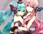  aqua_eyes aqua_hair bad_id bad_pixiv_id blue_eyes bug butterfly butterfly_hair_ornament fingerless_gloves gloves hair_ornament hat hatsune_miku headset hug insect lace long_hair magnet_(vocaloid) megurine_luka monako multiple_girls pink_hair top_hat twintails vocaloid yuri 