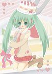  aqua_eyes bad_id bad_pixiv_id boots cake detached_sleeves food food_themed_clothes fork fruit green_hair hat hatsune_miku kneeling long_hair necktie pastry skirt solo sora_yuu strawberry twintails vocaloid 