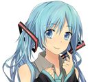  alternate_hairstyle blue_eyes blue_hair buma detached_sleeves hatsune_miku headset long_hair necktie simple_background solo twintails vocaloid 